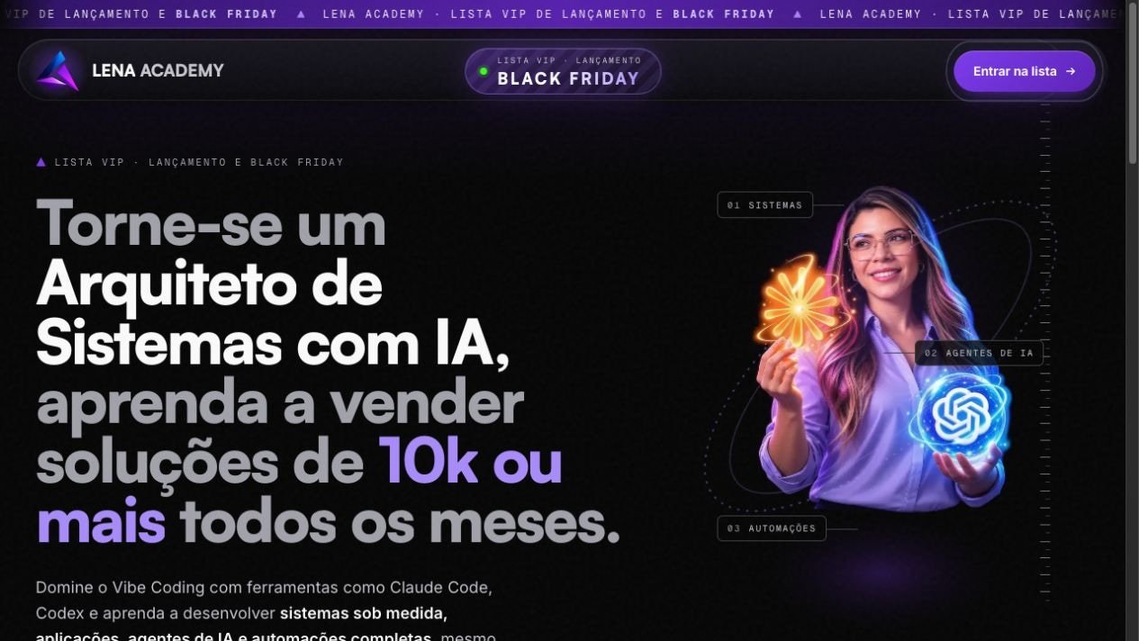 Captura real da primeira tela da Lena Academy, com o cabeçalho original, a chamada da formação e Thalena Lima.